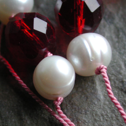 Freshwater Pearl and Burgundy Glass Knotted Necklace