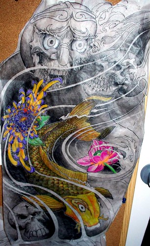 koi fish drawing. Oriental Skull lotus and koi.