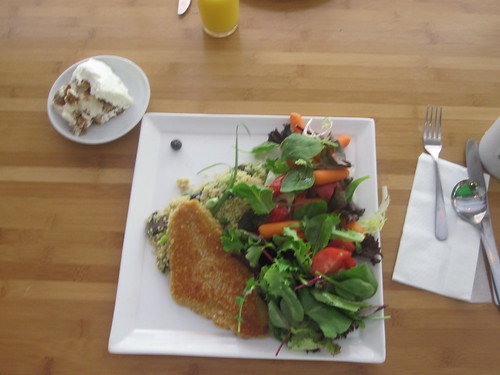 Crunchy filet of sole, salad, couscous with mushrooms and blueberries, triffle from the bistro - $6