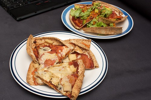 smoked tofu + cheezely pizza (fore) and tomato and lettuce pizza (back)