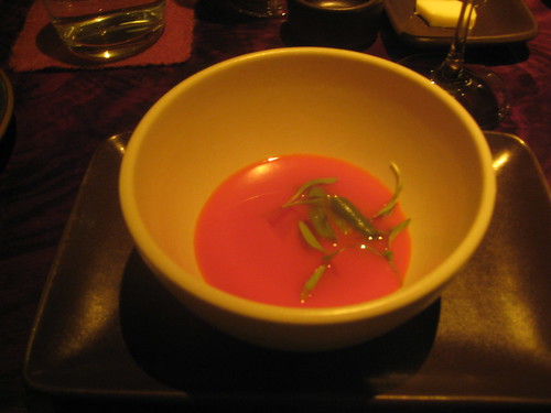 Coi, San Francisco - Chilled Piquillo Pepper Soup with Fresh Pole and Shelling Beans, Preserved Lemon, Cilantro