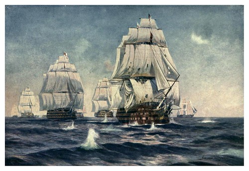 006- El buque insignia de Lord Nelson en primera linea de la batalla de Trafalgar octubre 1805-The Royal Navy (1907)- Norman L. Wilkinson
