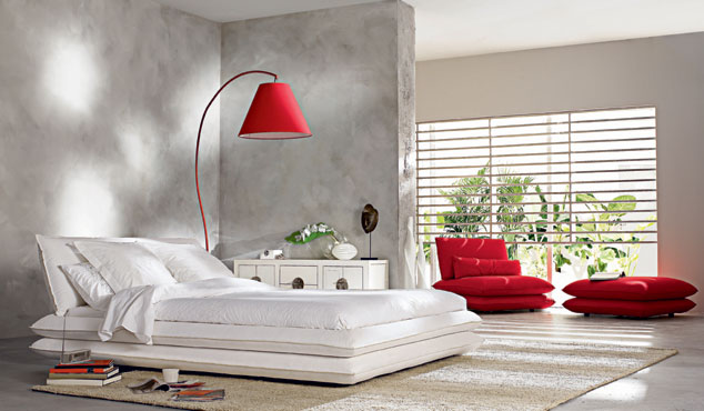 red sofa in bedroom, white bed design, decoration bedroom