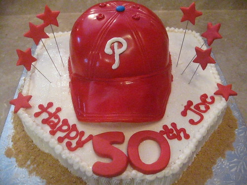 phillies hat cake. Cake is sculpted like hat then