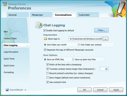 Messenger Plus: Chat Logging Preferences