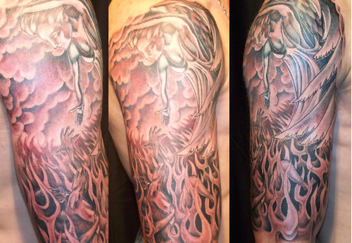 Angel Escaping Hell Quarter Sleeve Tattoo by Vince Wishart