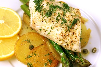 roasted fish, potato, asparagus with dill butter