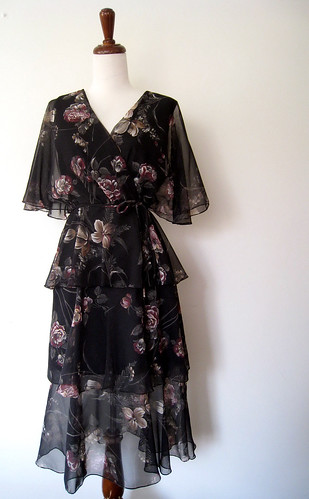 Painted Roses Tiered Black Dress, 1970's 