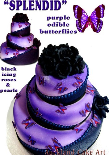 SPLENDID PURPLE BUTTERFLIES BLACK ROSES WEDDING CAKE