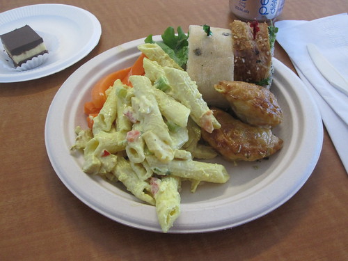 Sandwich, pasta salad, mushroom puffs, carrots, nanaimo bar, Diet Pepsi at recruiting session