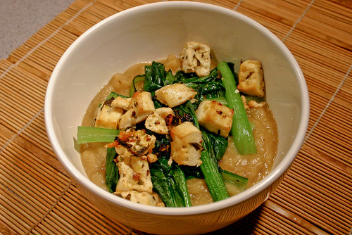 sweet potato soup and tofu croutons with greens