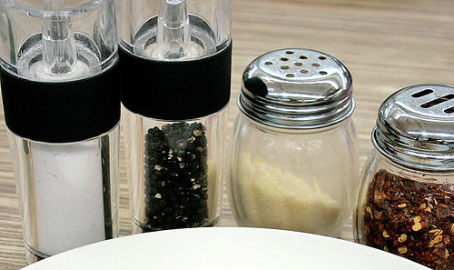 Restaurant-style condiments - salt and pepper, parmesan cheese, chili flakes and tabasco sauce (not shown)