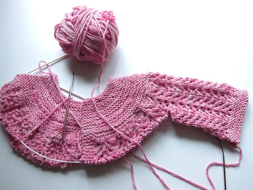 Hand-dyed pink February Baby Sweater in Progress