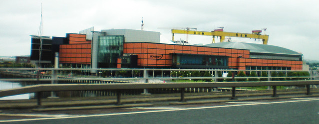 The Odyssey Arena in Belfast with the big yellow cranes in Harland & Wolfe shipyards behind.