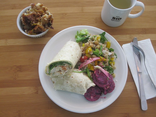 cajun chicken wrap, rice and chick pea salad, beet salad, "crazy" cake and lemonade from the bistro - $6