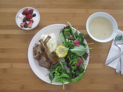 Cauliflower soup, lamb chops, mashed potatoes, salad, corn, yogurt with mint and berries from the bistro - $6
