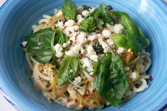Pasta With Zucchini, Goat's Cheese and Basil