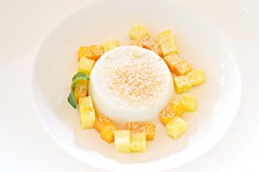 White chocolate and coconut panna cotta served with a salad of pineapple and mangoes, The White Rabbit, Dempsey