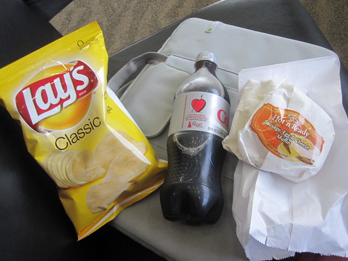 Weird breakfast sandwich, chips, cola - $7.80