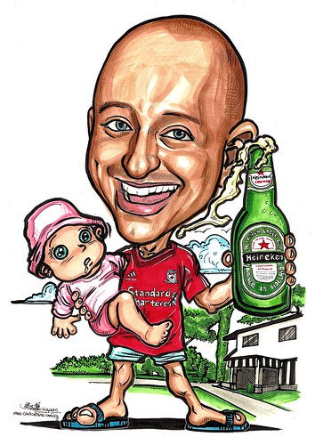 guy caricature with baby Heineken Liverpool A3