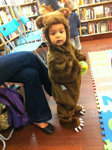 Laila in her bear costume at story time