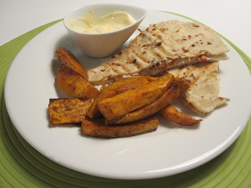 Chicken, goat cheese and rosted peppers quesadillas, chili-cumin roasted sweet potato, spicy mayo