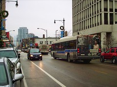 Southbound CTA bus approaching the intersection of North Clark Street and West Fullerton Avenue. Chicago Illinois. December 2007.
