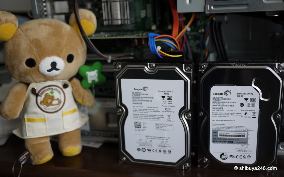 Rilakkuma inspecting the new disk sitting alongside the old one, and asking me why did I buy the same brand of disk that just broke.