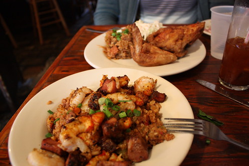 Cajun fried chicken and rabbit, sausage, and seafood jambalaya.