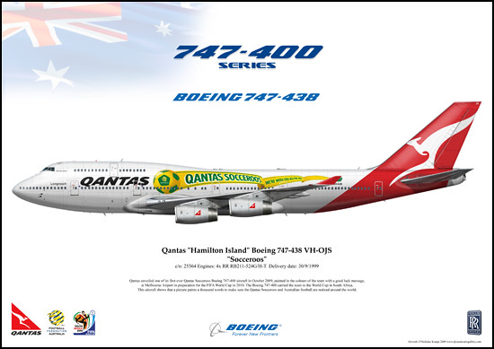 c/n: 25564 Qantas, Hamilton Island, Socceroos, Boeing 747-438 VH-OJS