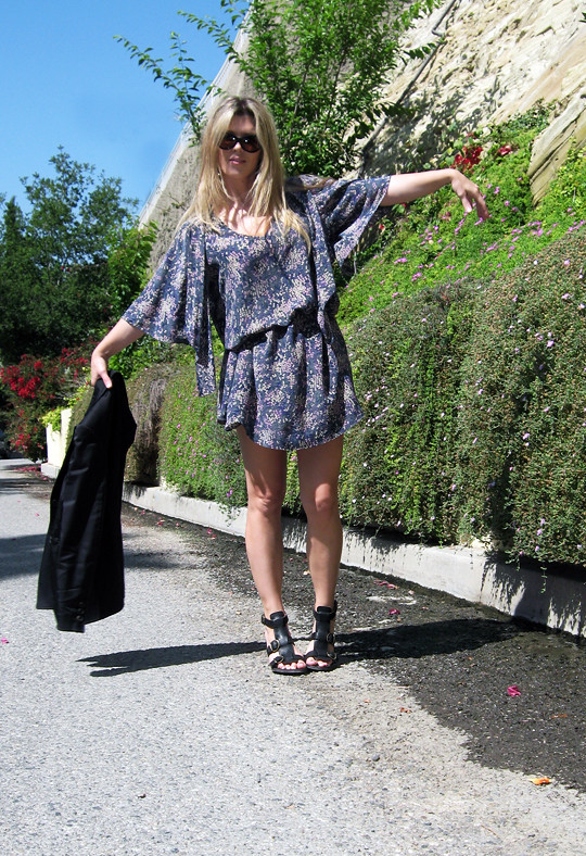 fine floral print dress+black blazer+fiorentini and Baker sandals, dress with blazer, vintage dress, tiny floral print pattern, belted dress, bohemian, chic, blonde hair, long blond hair, coachella look, music fair outfit, shoes, clothes, shopping, sandals, chunky leather sandals