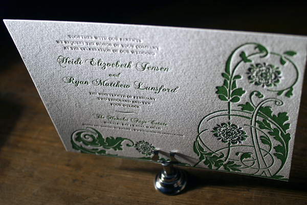This letterpress wedding invitation is our Vignette design printed in garden