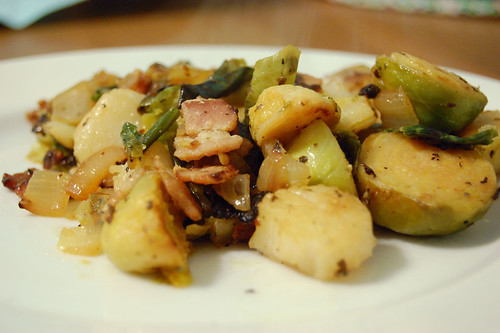 Pan-Browned Scallops on a Bed of Bacon & Brussel Sprouts