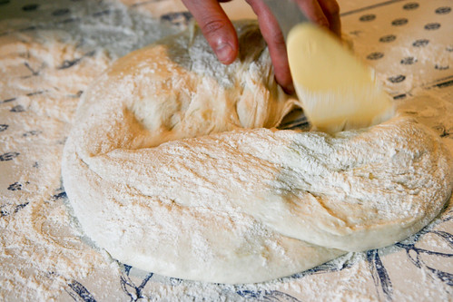 Making Fougasse: Cutting the dough in pieces