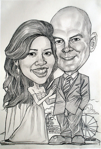 Couple wedding caricatures @ Singapore Flyer Merlion