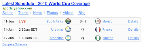 World Cup 2010 Schedule Yahoo Shortcut