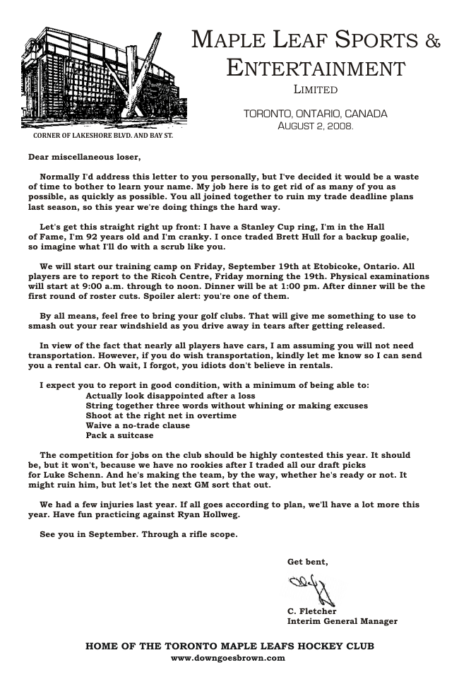 Cliff Fletcher training camp letter