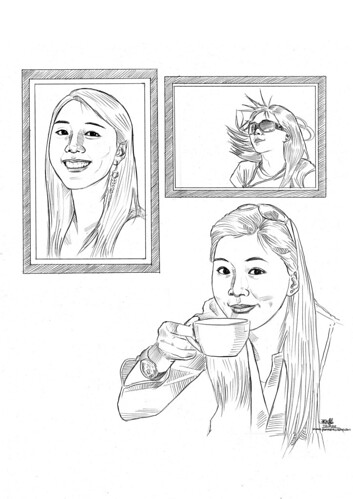 3 portraits of a lady in pencil