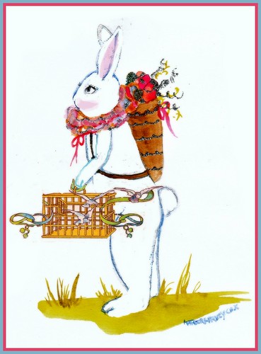 Easter bunny with bird cage of doves