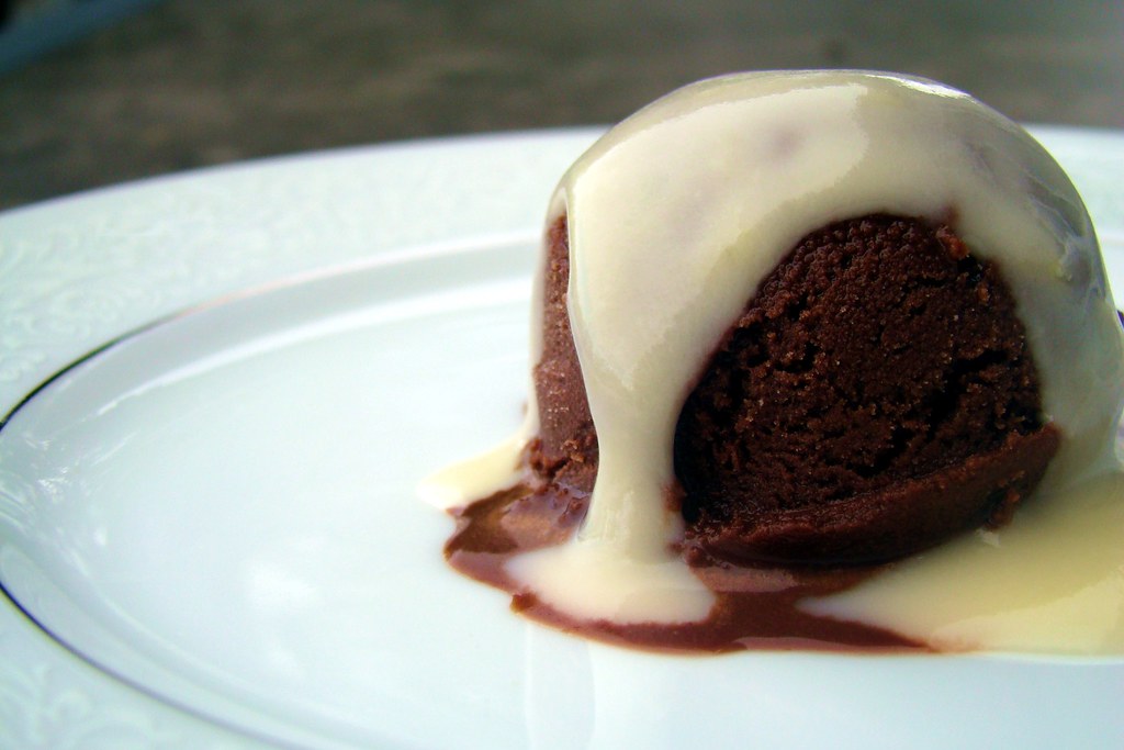 bittersweet chocolate sherbet with coconut rum sauce