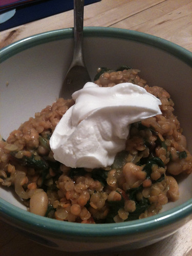 Curried red lentils with chard and beans