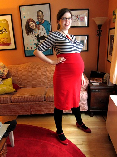 BurdaStyle &quot;Melissa&quot; High-Waisted Knit Skirt--Red Maternity Version Side View