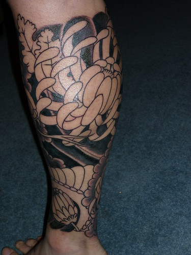 Cobra & Chrysanthemums Leg Sleeve Tattoo 