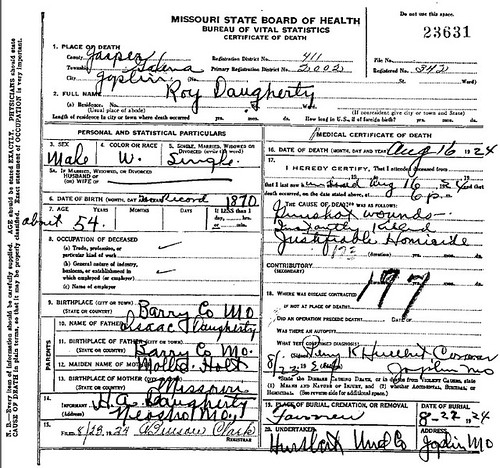 Roy Daugherty's death certificate.
