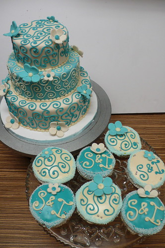 Teal Ivory Wedding Cake and Cupcakes