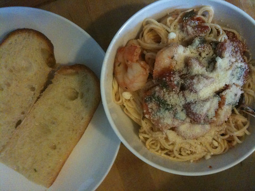 Shrimp Pasta and garlic bread