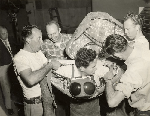 THE WAR OF THE WORLDS (1953) Martian costume construction - Charles Gemora enters the suit
