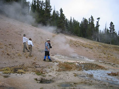 Exploring the hot springs near the hillside at Lone Star Geyser.  I think Leslie is demonstrating her new 'vole dance' for Tonya.