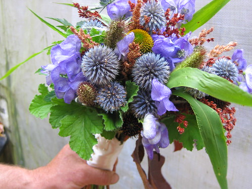 Blues and browns bouquet by shady grove gardens.