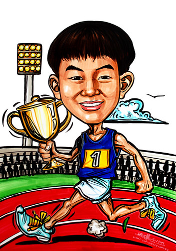 running champion caricature with trophy